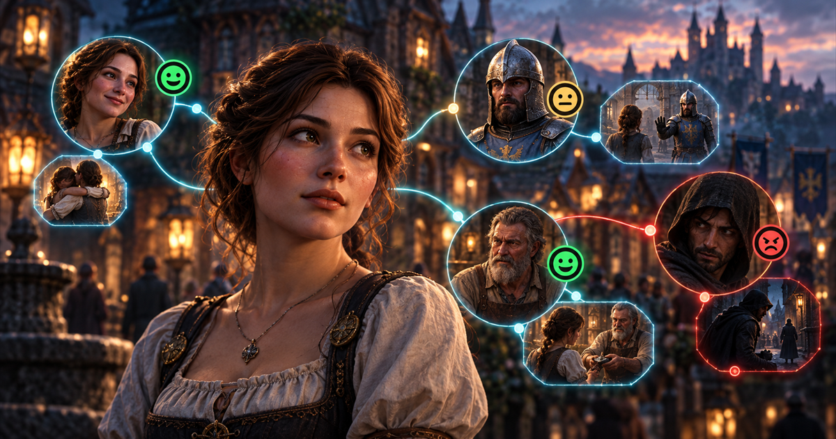 Red de recuerdos y relaciones entre varios NPCs medievales